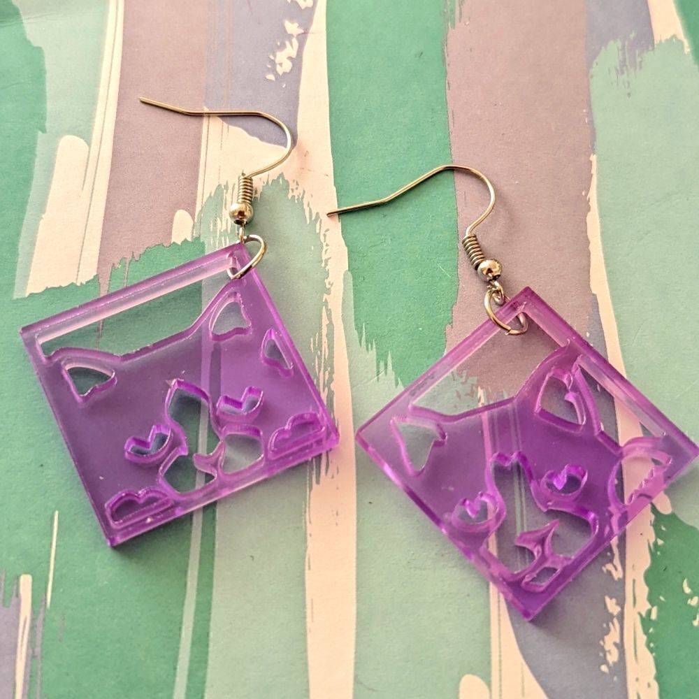 Kitty Cat Blue Black or Purple Square Geometric Dangling Hook Earrings